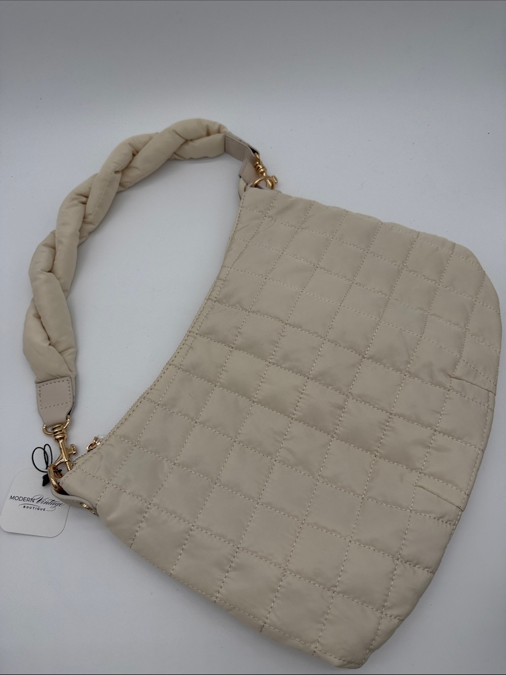Quilted Cream Shoulder Bag with Braided Strap